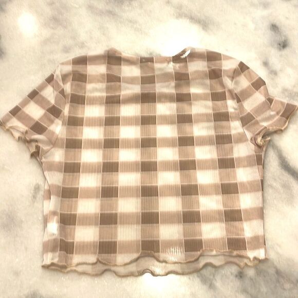Altar’d State Sheer Tan and Cream Checkered Stretch Crop Top Size XS - Picture 2 of 3